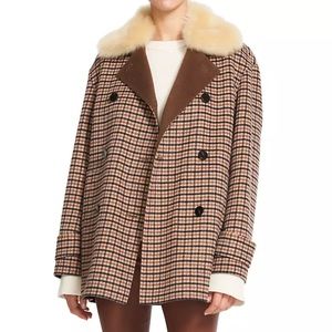 Theory
Faux Shearling-Collar Plaid Peacoat